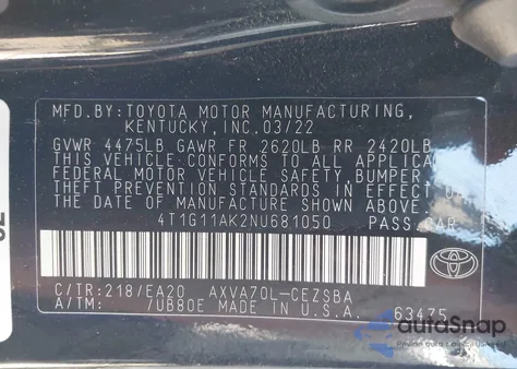 2022 Toyota Camry Se from USA, damaged, VIN 4T1G11AK2NU681050